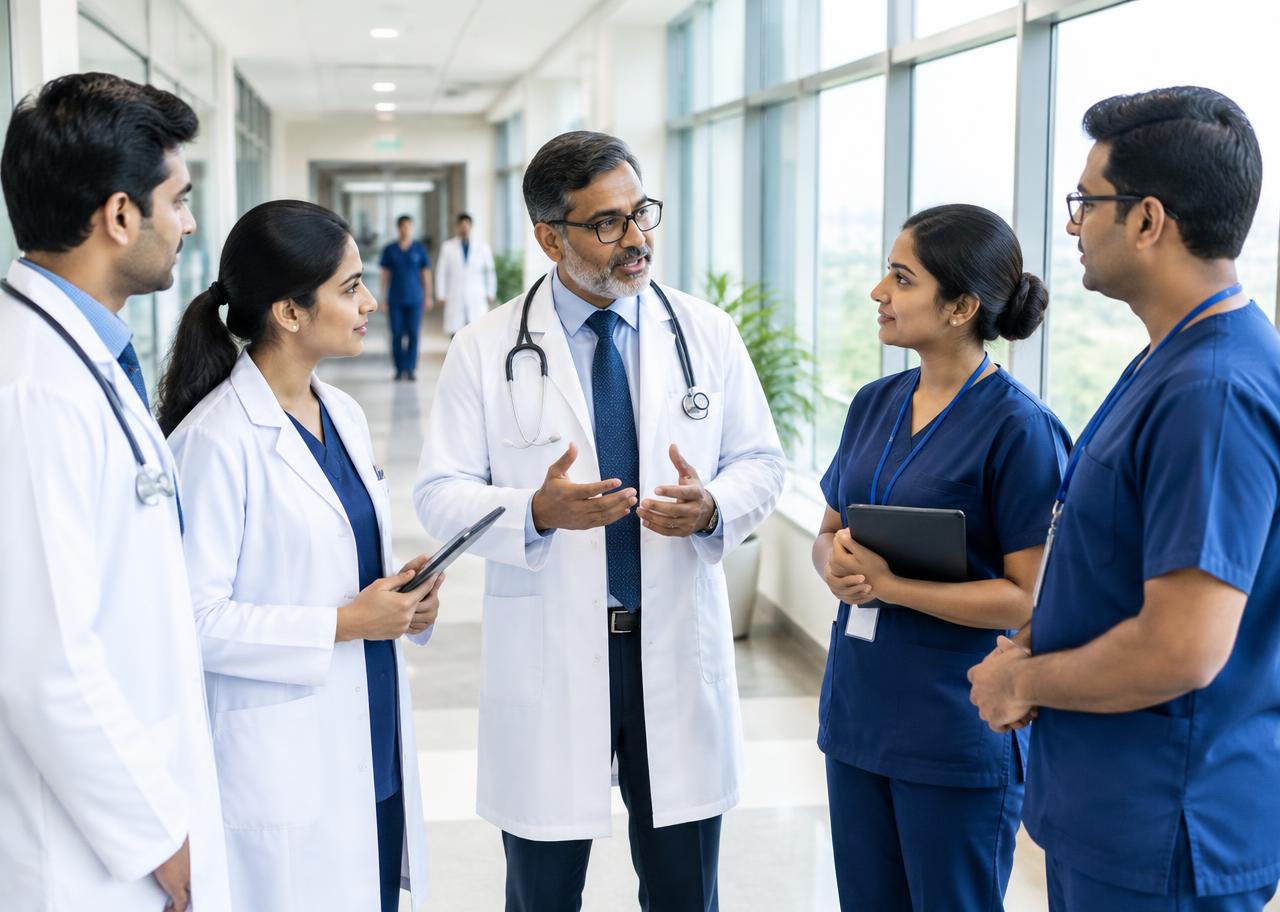 A multidisciplinary hospital team in discussion