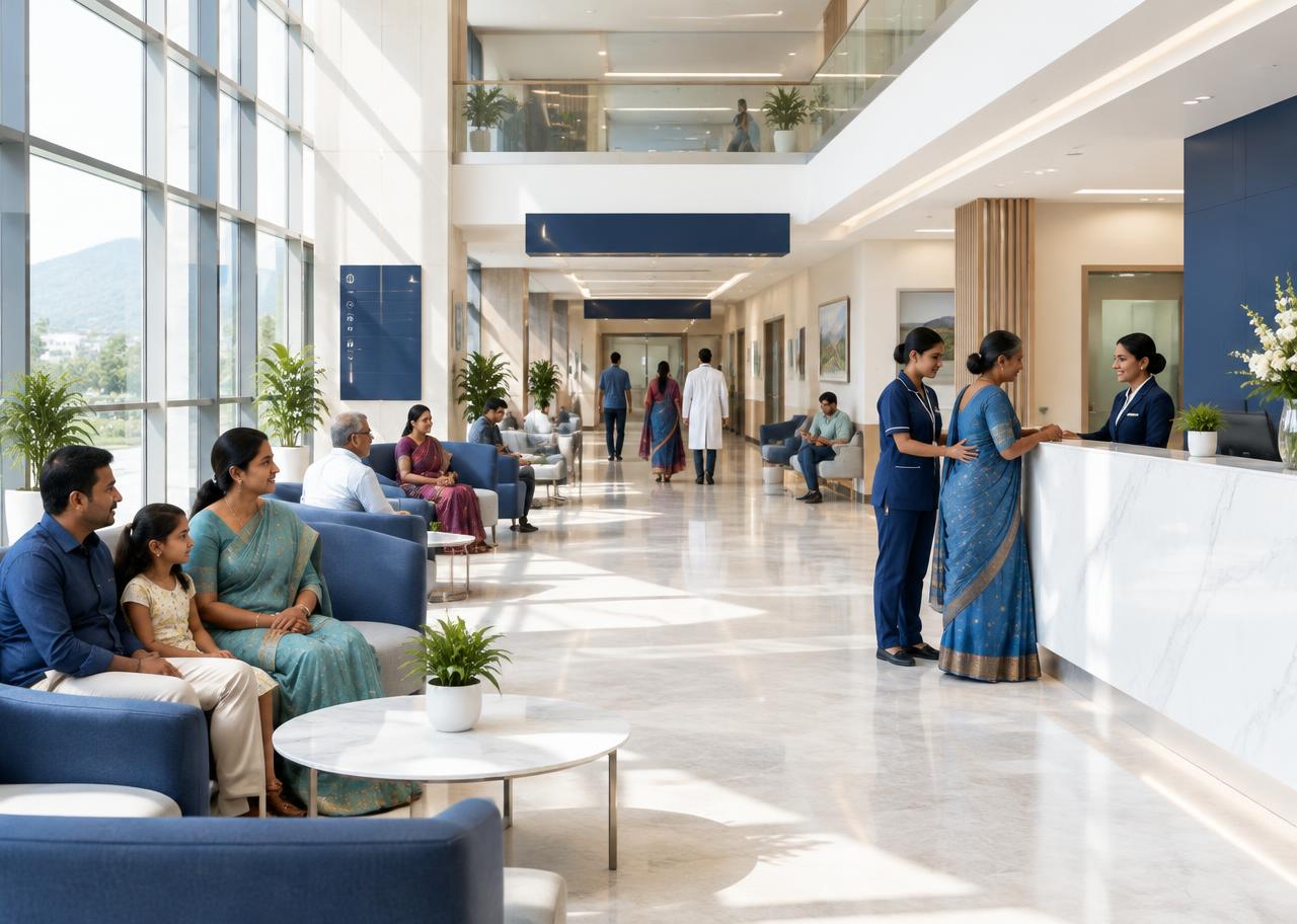 A bright modern hospital reception and waiting area