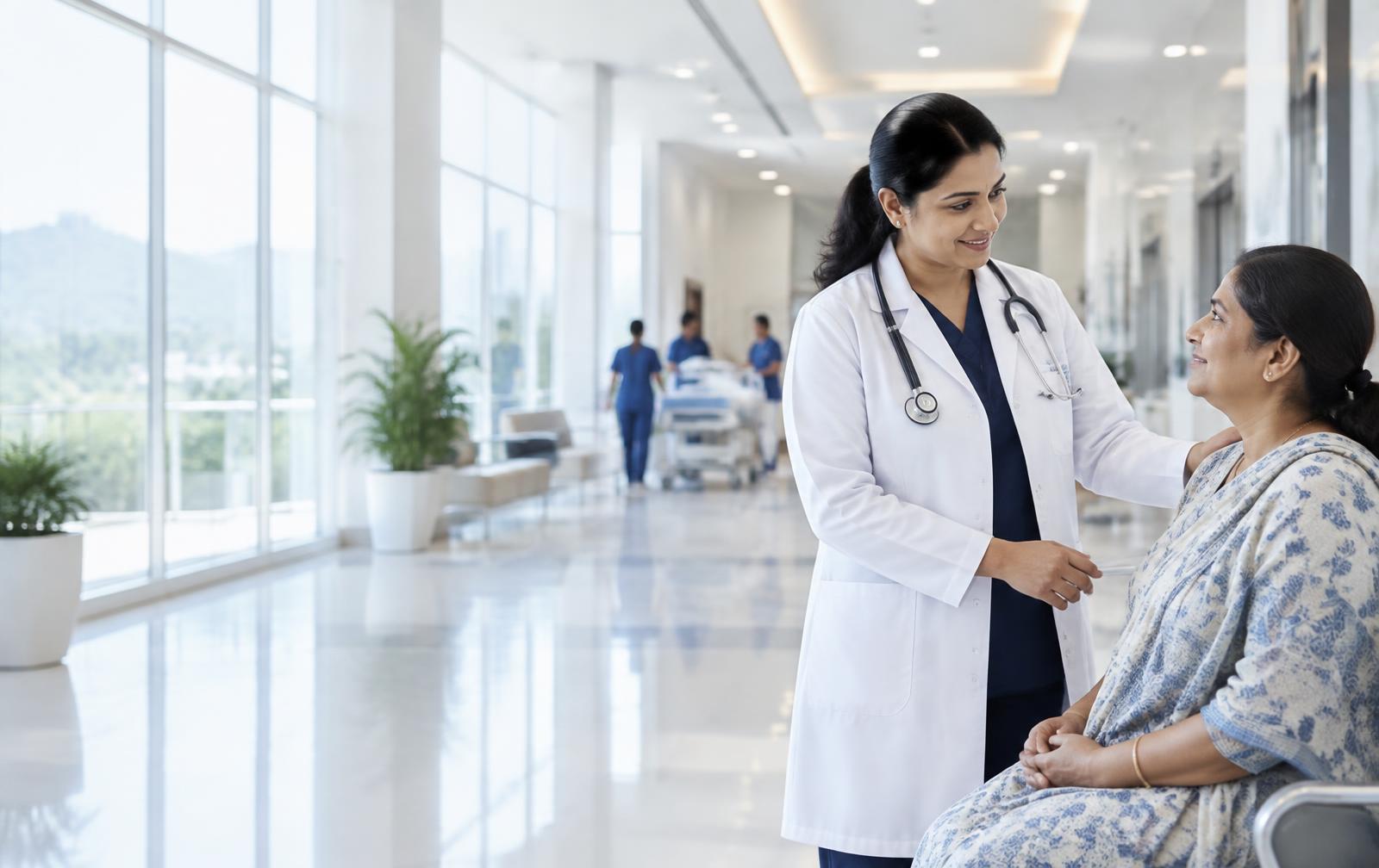 Doctor speaking with a patient at Saroja Hospital